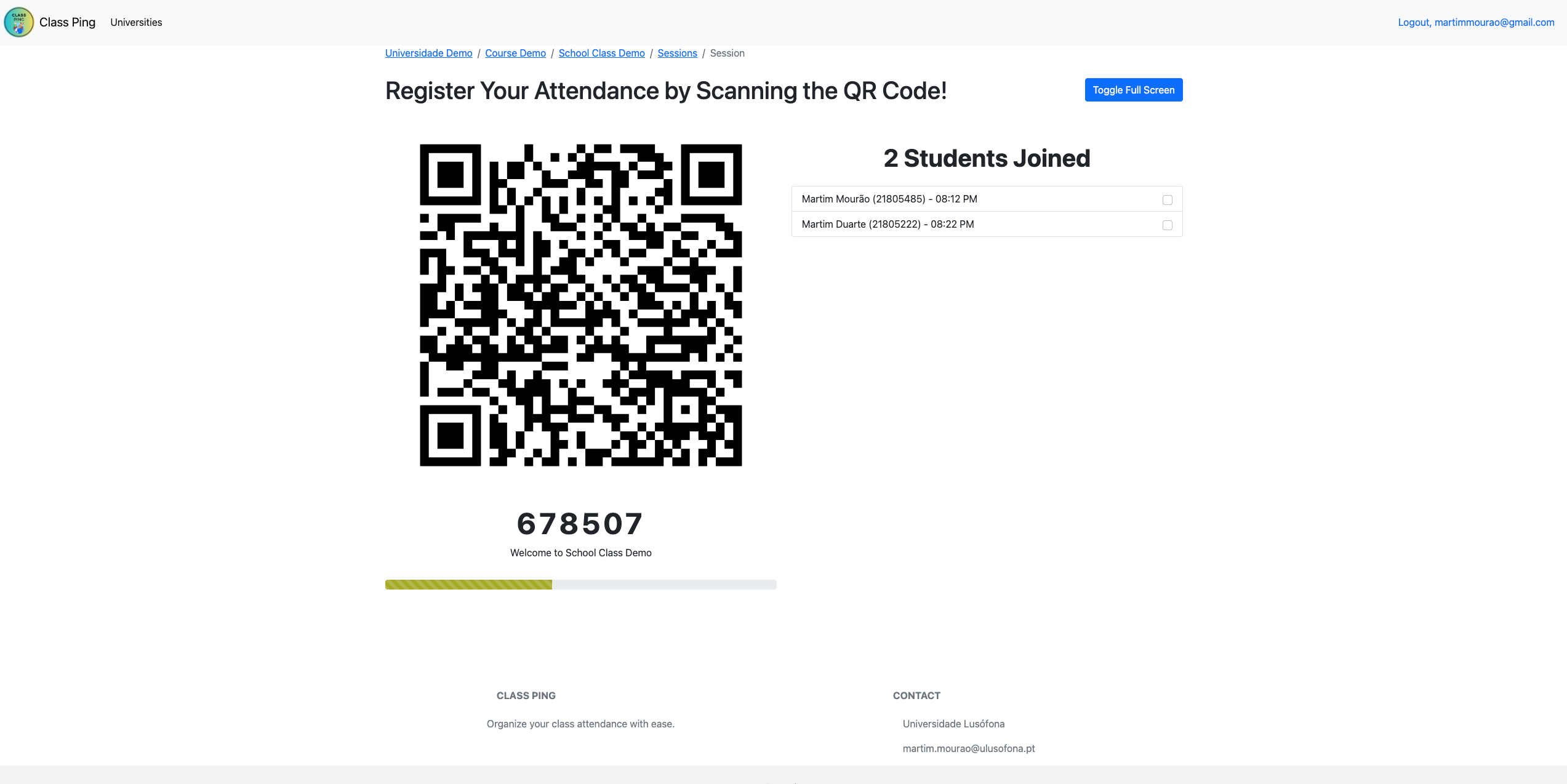 Student Registration Demo - Screenshot showing the student attendance confirmation interface